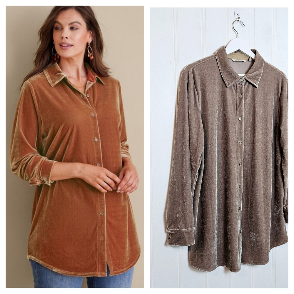Soft Surroundings Velvet Boyfriend Tunic Shirt L Champagne